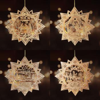 Preview: Weihnachtsstern aus Holz 30cm 10 LED's - 4 Designs -